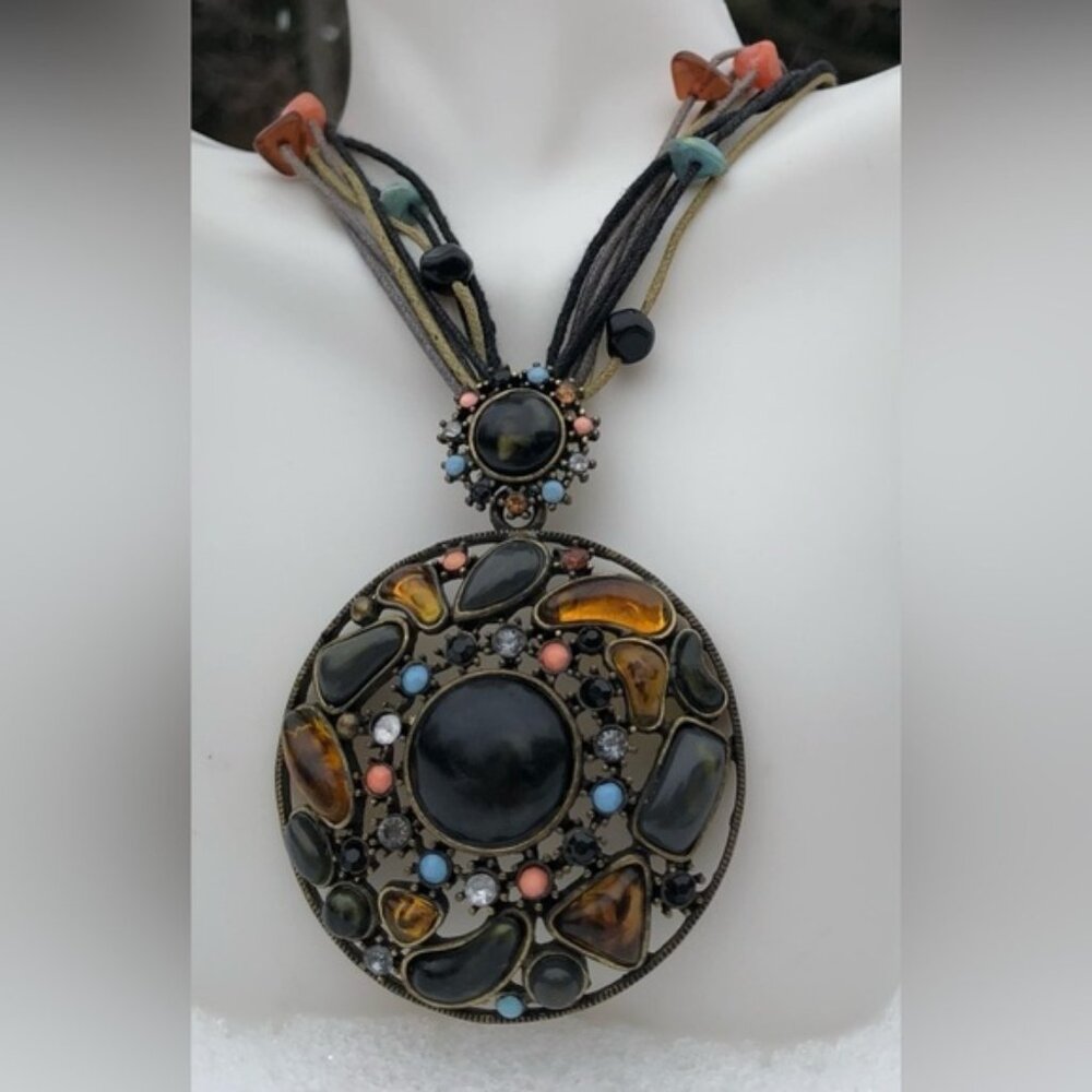 Medallion Multi Strand Stone Statement Necklace - image 2